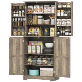 Farmhouse Kitchen Pantry, 72" Tall Pantry Cabinet with 4 Barn Doors, 4 Adjustable Shelves and 8 Door Shelves, Gray Wash