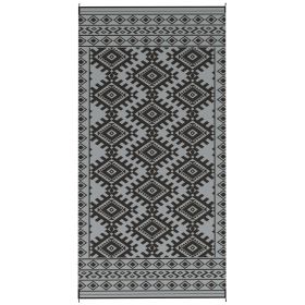 Reversible Outdoor Rug, Waterproof Plastic Straw With Carry Bag, 9 X 18, Black & Gray Rhombus Border