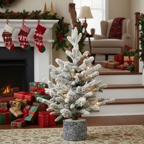 2FT Flocked Christmas Tree Artificial Plants Natural 30 Warm White LED Lights 3 Pine Cones Pot Base PVC Branches Tabletop Holiday Home Decor
