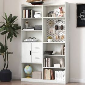 Bookshelf And Bookcase With Pegboard And Drawer, 9 Cubby Display Book Shelves, Modern Wide Wood Shelving Unit For Living Room, White