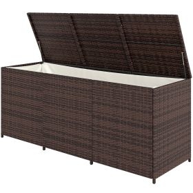 175 Gallon Outdoor Storage Box with Inner Liner, PE Rattan Wicker Deck Box with Pneumatic Bar Lift, Mixed Brown