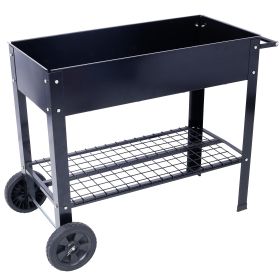 Products Elevated Mobile Raised Ergonomic Metal Planter Garden Bed For Backyard, Patio W Wheels, Lower Shelf, Black