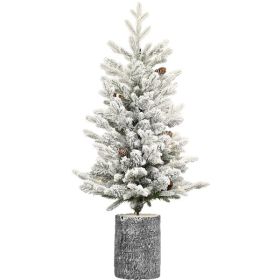 Artificial 4.5ft Decorated Flocking Basin Tree With 720 PE PVC Mixed Branch Tips, Pine Conex19, 150L Wram White Light, Holiday Decorating