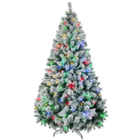 7.5 Artificial Snow Christmas Trees with Frosted Branches, Warm White or Colorful LED Lights, Steel Base