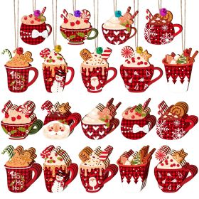 50 Pieces Christmas Wooden Ornaments Hot Cocoa Blanks Pendants Unfinished Predrilled Wood Buffalo Plaid Coffee Mug Slices Hanging For Xmas Festivals D