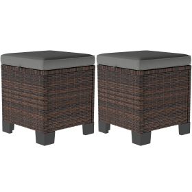 2 Piece Wicker Outdoor Ottomans With Cushions, Rattan Ottoman Footrest And Side Table For Patio, Yard, Poolside, Gray