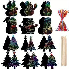 48 Pcs Christmas Scratch Paper Xmas Tree Snowman Shaped Rainbow Color Scratch Ornaments DIY Christmas Crafts Kits With Sticks And Ribbon For Xmas Birt