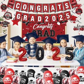 Graduation Decorations Class Of 2025 Set, Red Theme Graduation Party Supplies Of 50 Congrats Grad Banner Class Of 2025 Backdrop Balloons Hanging Swirl