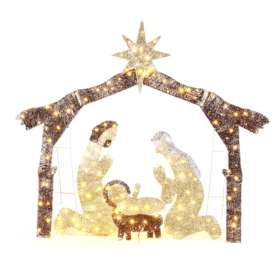 6ft Brown Roof 190LED Lights Nativity Scene Garden Jesus Decoration