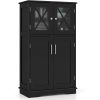 Black Bathroom Towel Linen Cabinet with Glass Doors and Storage Shelves