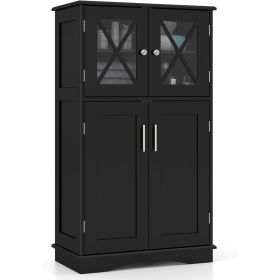 Black Bathroom Towel Linen Cabinet with Glass Doors and Storage Shelves