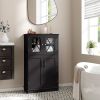 Black Bathroom Towel Linen Cabinet with Glass Doors and Storage Shelves