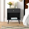 Mid-Century Farmhouse 1-Drawer Nightstand with Open Shelf in Black Wood Finish