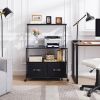 Industrial Modern Black Metal Wood Printer Stand File Cabinet w/ Fabric Drawers