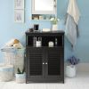 Black Farmhouse Bathroom Linen Cabinet with Louvered Doors and Open Shelf