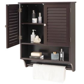 Brown Wall-Mounted Bathroom Medicine Cabinet with Louver Doors and Towel Bar