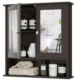 Brown Wooden Bathroom Wall / Medicine Cabinet with Mirrored Doors and Shelf