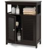 Brown Farmhouse Bathroom Linen Cabinet with Louvered Doors and Open Shelf