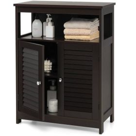 Brown Farmhouse Bathroom Linen Cabinet with Louvered Doors and Open Shelf