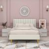 Full size Mid-Century Platform Bed Frame with Cream Velvet Upholstered Headboard