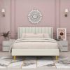 Queen Mid-Century Platform Bed Frame with Cream Velvet Upholstered Headboard