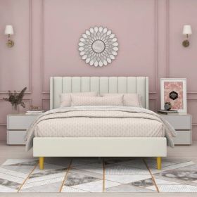 Queen Mid-Century Platform Bed Frame with Cream Velvet Upholstered Headboard