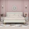Queen Mid-Century Platform Bed Frame with Cream Velvet Upholstered Headboard