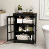 Black Bathroom Storage Linen Cabinet with Adjustable Shelves and Glass Doors