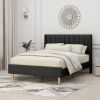 Full size Mid-Century Black Linen Platform Bed Frame with Upholstered Headboard