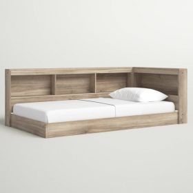 Full size Natural Wood Corner Storage Bed with Bookcase Headboard and USB Ports