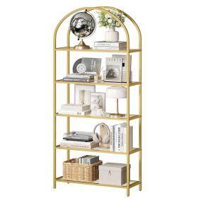 Modern Gold Metal Arched Top Display Rack Bookcase with 5 Glass Storage Shelves