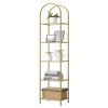 Arched Top Gold Metal Display Rack Narrow Bookcase with 5 Glass Storage Shelves