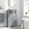 Grey Bathroom Towel Linen Cabinet with Glass Doors and Storage Shelves