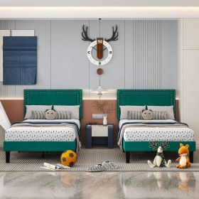 Set of 2 - Twin size Dark Green Upholstered Platform Bed Frame with Headboard