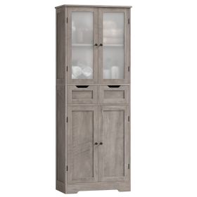 Farmhouse Bathroom Linen Cabinet with Storage Drawers in Grey Taupe Wood Finish