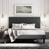 King Black Linen Upholstered Platform Bed Frame with Button-Tufted Headboard