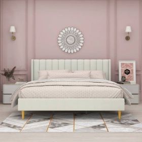 King Mid-Century Platform Bed Frame with Cream Velvet Upholstered Headboard