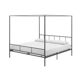 King size Dark Grey Metal Canopy Bed Frame with Headboard and Footboard