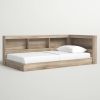 Twin size Natural Wood Corner Storage Bed with Bookcase Headboard and USB Ports