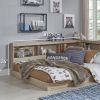 Twin size Natural Wood Corner Storage Bed with Bookcase Headboard and USB Ports