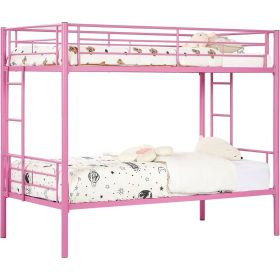 Pink Metal Twin over Twin Bunk Bed Frame with Two Side Ladders