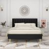Queen size Mid-Century Black Linen Platform Bed Frame with Upholstered Headboard