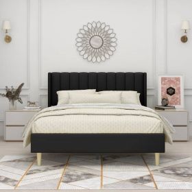 Queen size Mid-Century Black Linen Platform Bed Frame with Upholstered Headboard