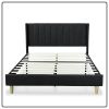 Queen size Mid-Century Black Linen Platform Bed Frame with Upholstered Headboard