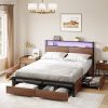 Queen size Platform Bed with Headboard and Storage Drawers in Brown Wood Finish