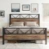 Queen Metal Wood Vintage Industrial Platform Bed Frame with Headboard Footboard