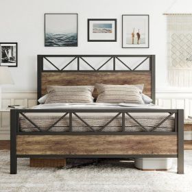 Queen Metal Wood Vintage Industrial Platform Bed Frame with Headboard Footboard