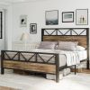Queen Metal Wood Vintage Industrial Platform Bed Frame with Headboard Footboard