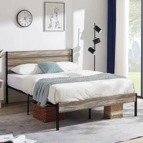 Queen Industrial Farmhouse Rustic Wood Metal Platform Bed Frame with Headboard