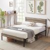 Queen Industrial Farmhouse Rustic Wood Metal Platform Bed Frame with Headboard